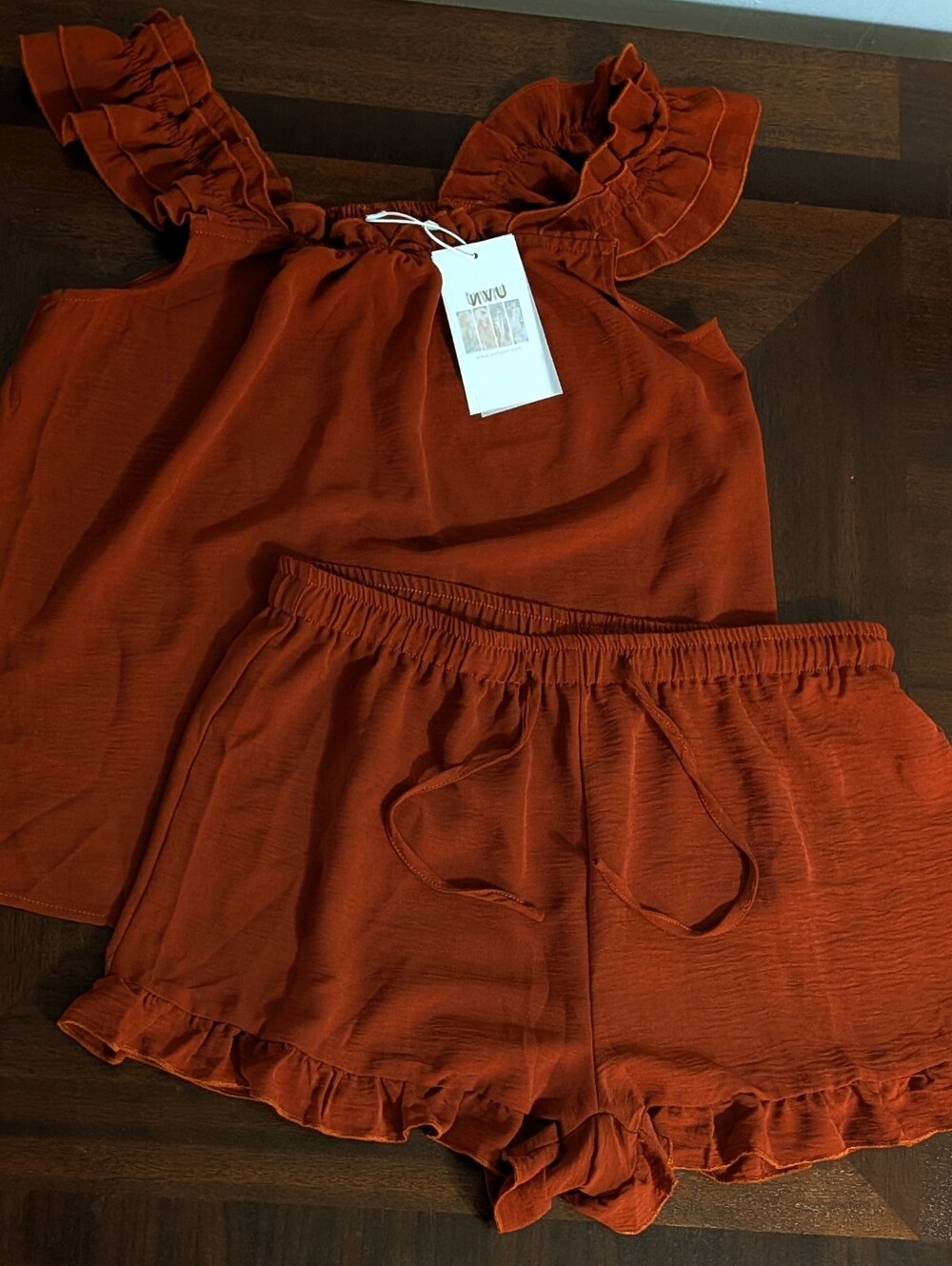 NWT UVN Two-Piece Ruffled Burnt Orange Matching Tank Top & Shorts Size Large